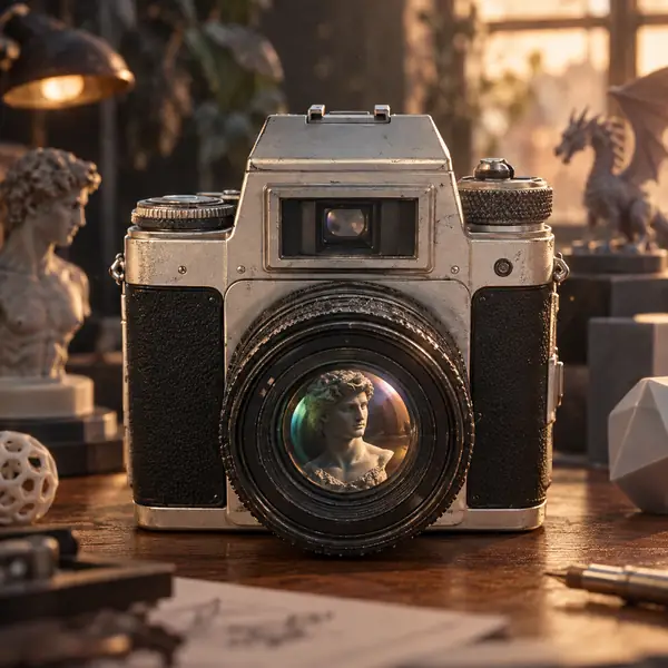 Detailreiches Modell einer Vintage-Kamera mit markantem rundem Objektiv