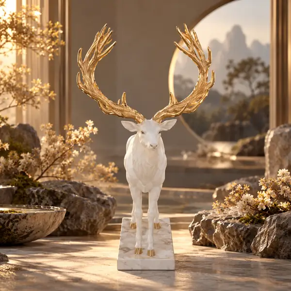 Helle Hirschfigur mit hohem, verzweigtem goldenem Geweih