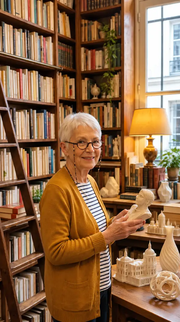 Person zwischen hohen Bücherregalen in einer warm beleuchteten Bibliothek
