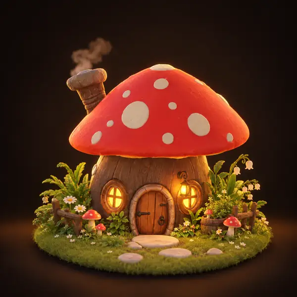 Verspieltes rotes Pilzhaus mit kleiner runder Tür und Garten