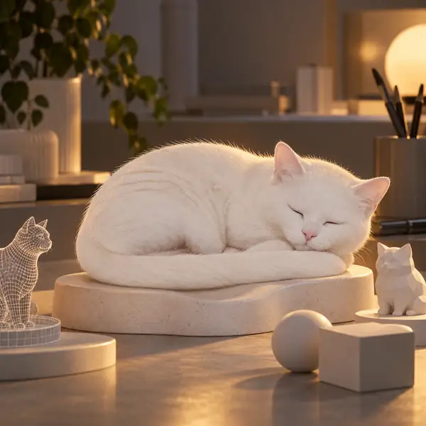 Weiße schlafende Katze, die sich auf einem niedrigen Sockel gemütlich zusammengerollt hat
